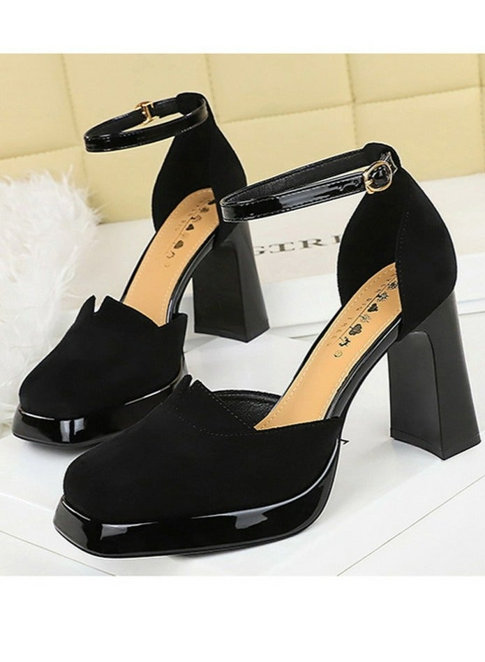 بيج تري منصة المرأة الكعب العالي المربع المغلق إصبع القدم مضخات الأسود 9 سم - Image 1