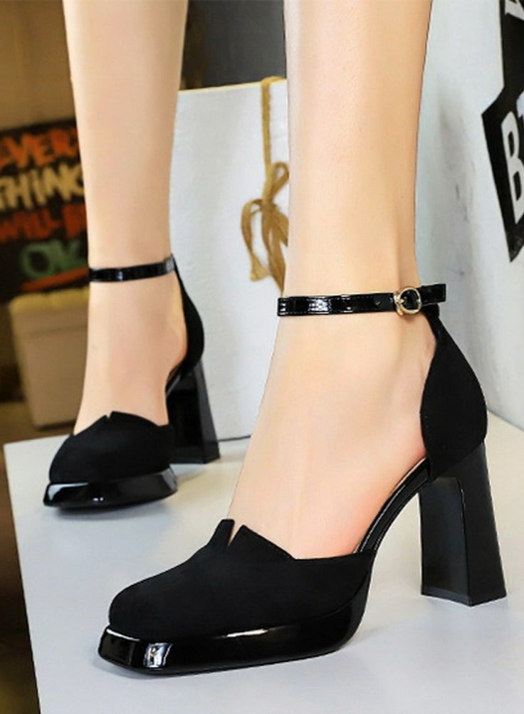 بيج تري منصة المرأة الكعب العالي المربع المغلق إصبع القدم مضخات الأسود 9 سم - Image 4