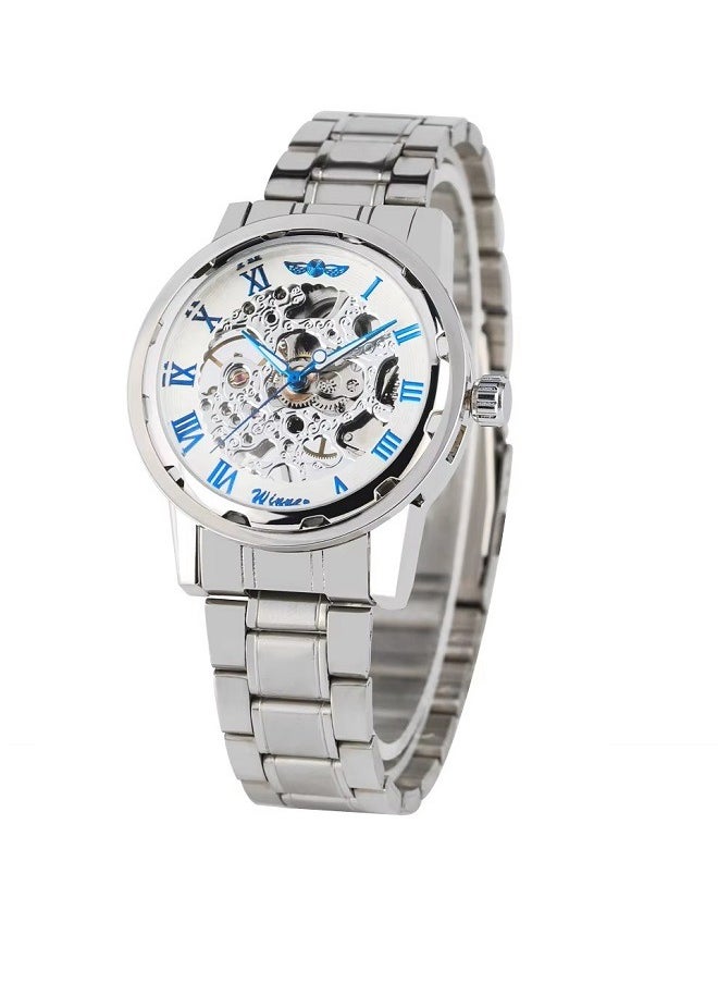 Winner Luxury Mechanical Watches Men's Manual Zigzag Stainless Steel Skeleton Wristwatch Luminous Silver Hollow Design  - Image 1