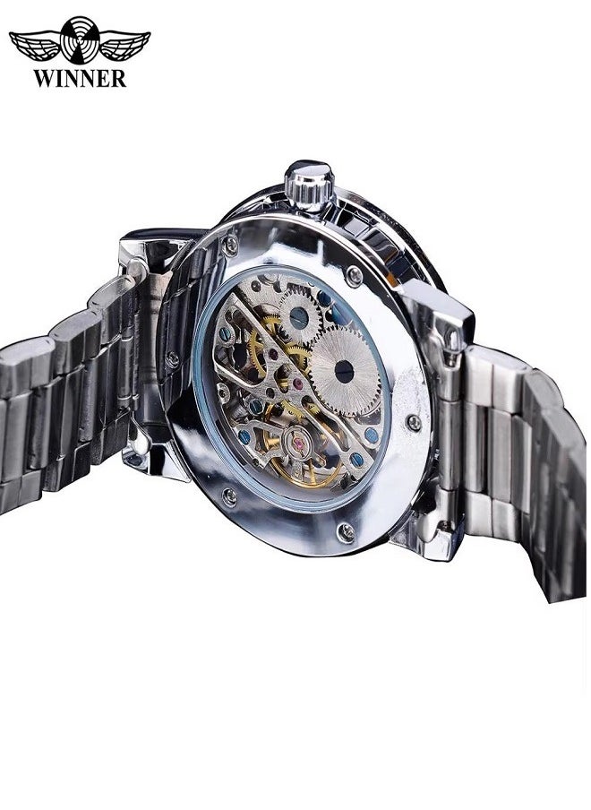Winner Luxury Mechanical Watches Men's Manual Zigzag Stainless Steel Skeleton Wristwatch Luminous Silver Hollow Design  - Image 4