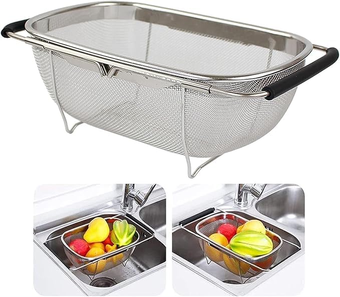 Dayanidhi Adjustable Sink Colander Strainer with NonSlip Rubber Grip Expandable Handle Stainless Steel Storage Organizer Kitchen Sink Basket for Washing Fruit Rice Vegetable Noodles Pack of 1 - Image 1