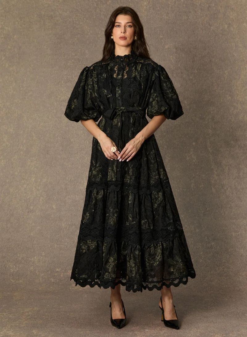 Sunfere Lust At First Sight Black Puff Sleeve Lace Midi Dress
