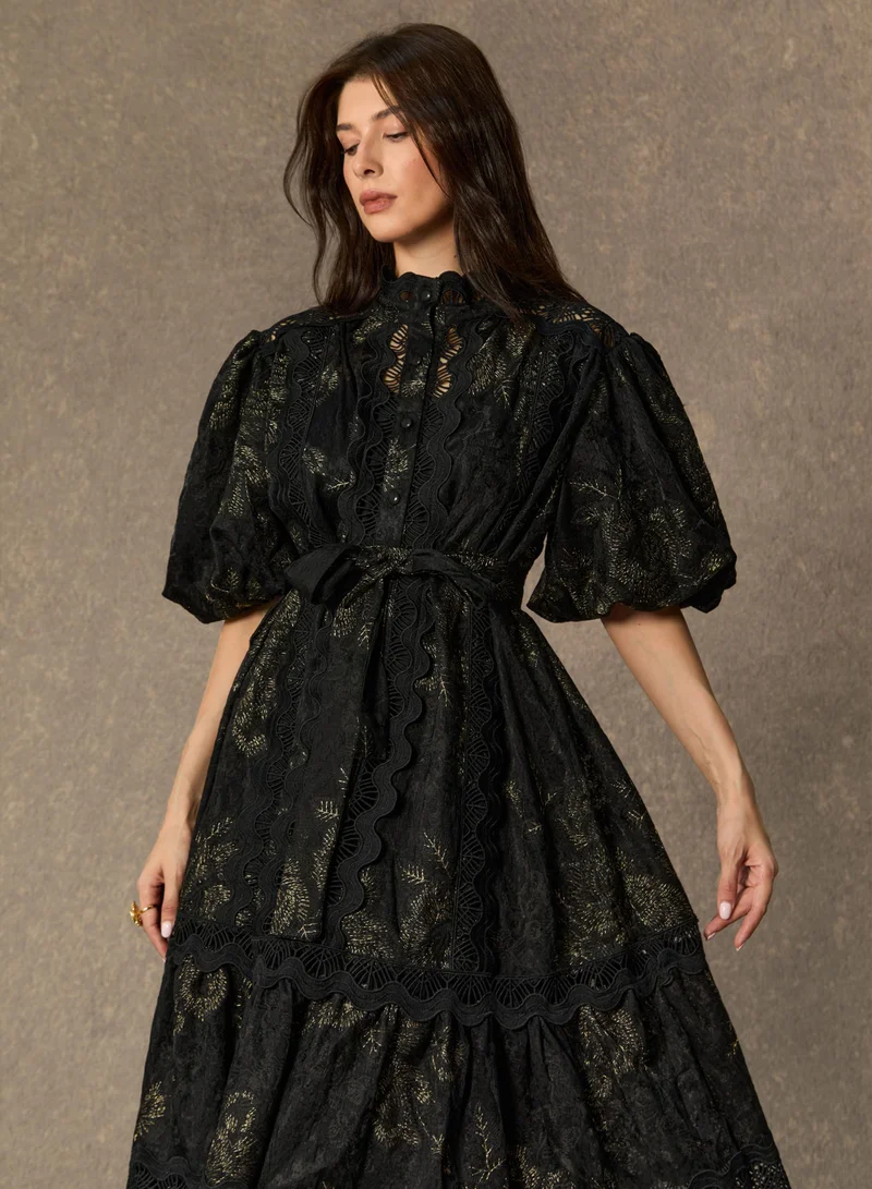 Sunfere  Lust At First Sight Black Puff Sleeve Lace Midi Dress for Women | Best Price UAE