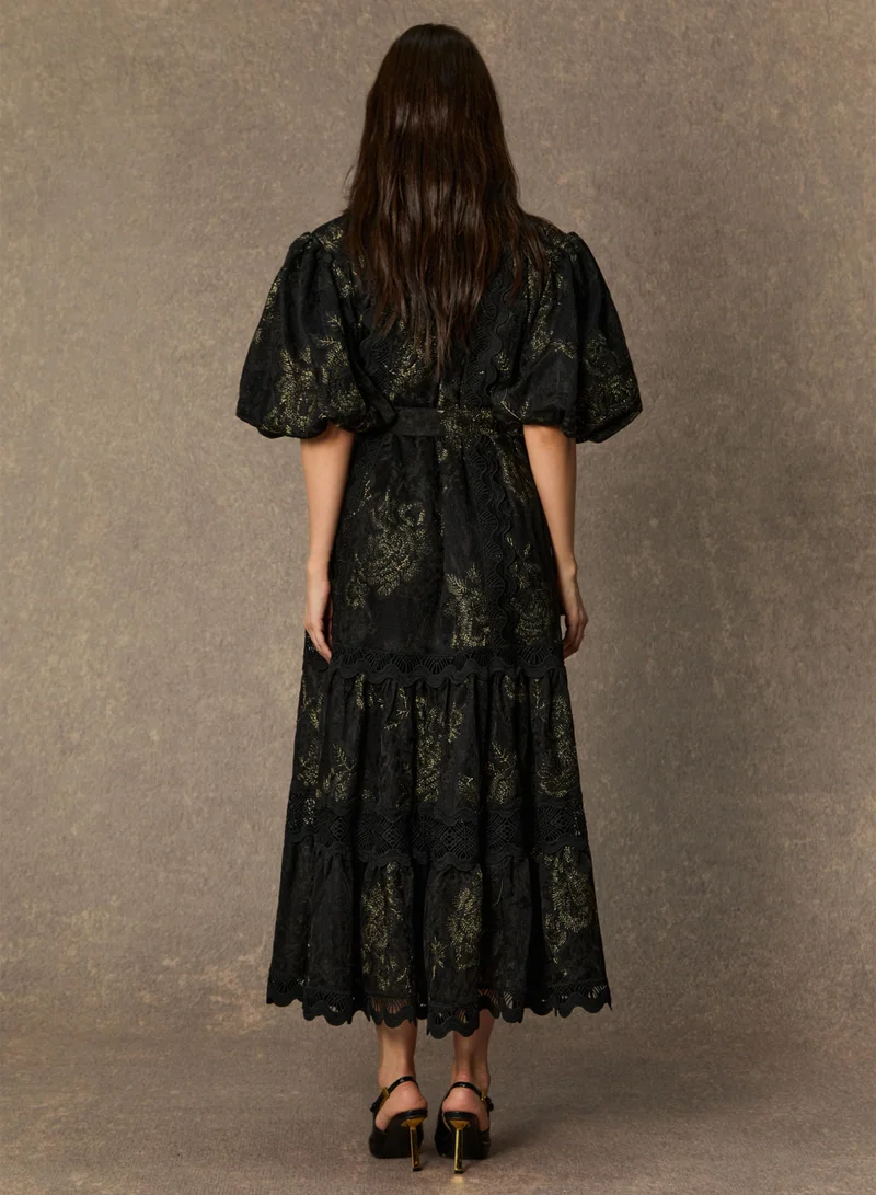 Sunfere  Lust At First Sight Black Puff Sleeve Lace Midi Dress for Women | Best Price UAE