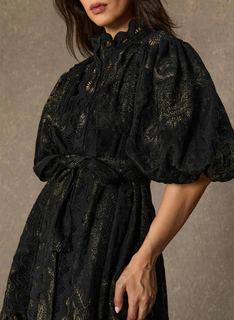 Sunfere  Lust At First Sight Black Puff Sleeve Lace Midi Dress for Women | Best Price UAE