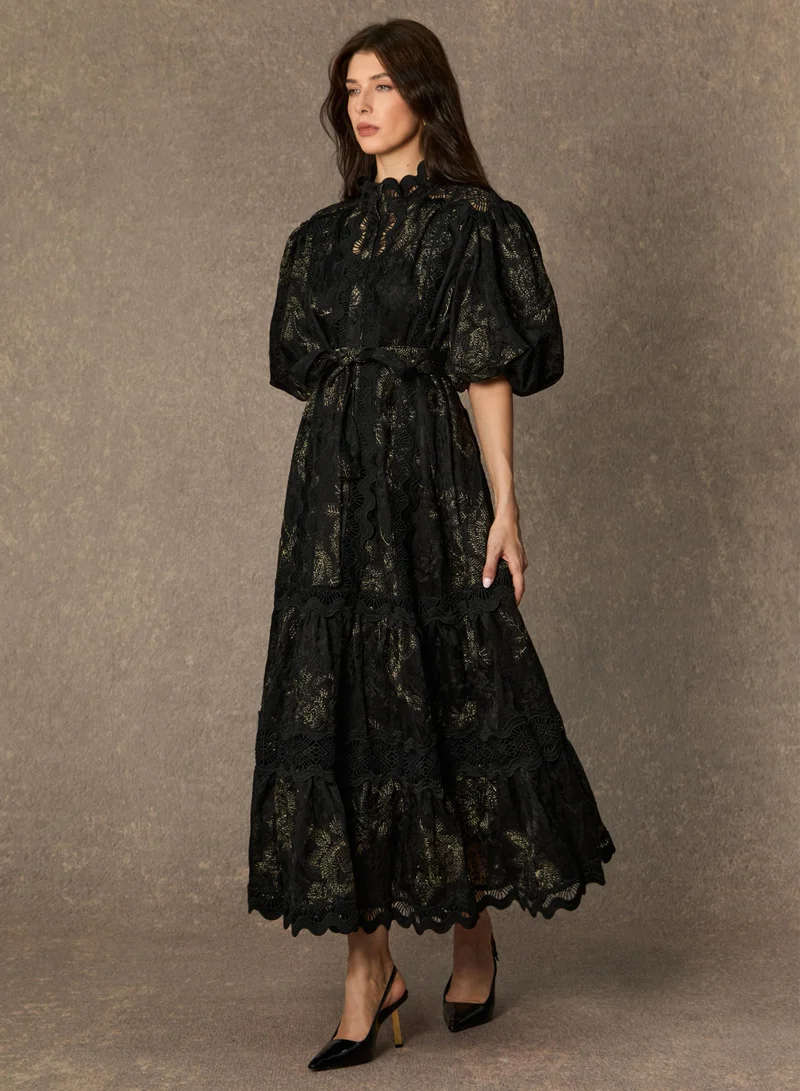 Sunfere Lust At First Sight Black Puff Sleeve Lace Midi Dress