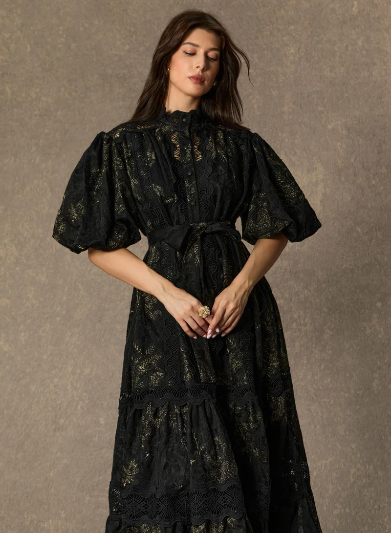 Sunfere  Lust At First Sight Black Puff Sleeve Lace Midi Dress for Women | Best Price UAE
