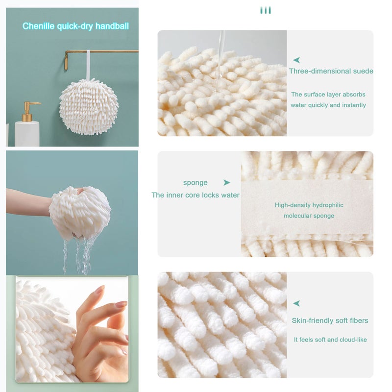 ACOCPOL Chenille Hand Towel, Cute Flat Ball Shape, Thickened Sponge Instant Absorbent Quick-Drying Towel, Kitchen Bathroom Hanging Convenient Quick-Drying (White Gray) - Image 5
