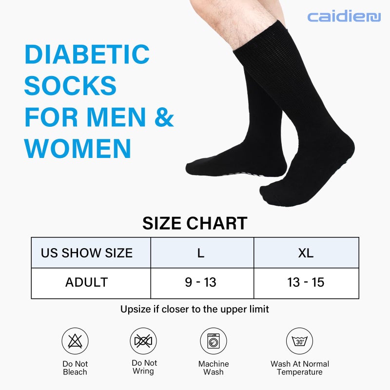 CaiDieNu Non Slip Diabetic Socks: 3 Pairs Extra Wide Hospital Socks for Men Women with Grips Elderly Edema Black 13-15 - Image 3