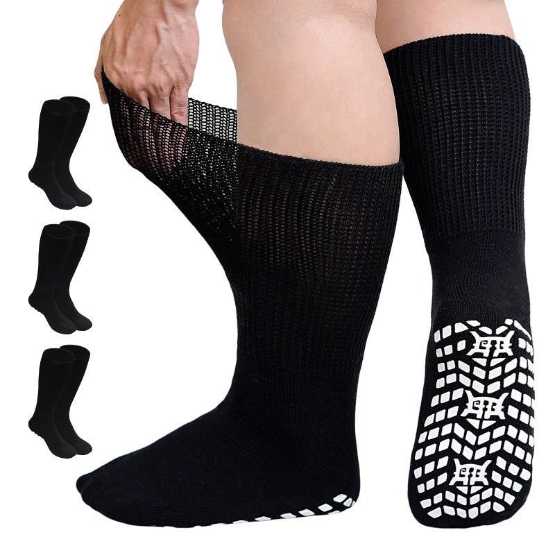 CaiDieNu Non Slip Diabetic Socks: 3 Pairs Extra Wide Hospital Socks for Men Women with Grips Elderly Edema Black 13-15 - Image 1