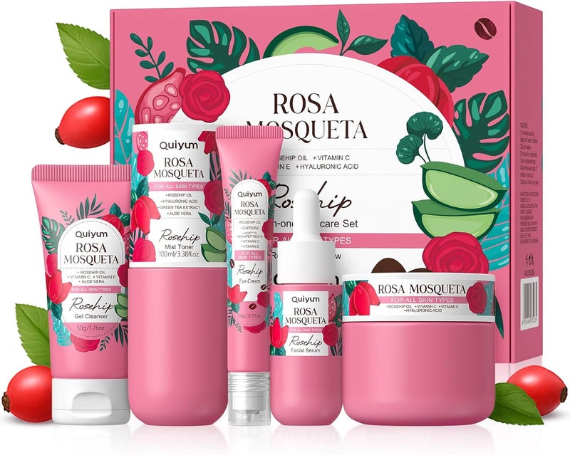 QUIYUM Rosehip Skincare Set 5PCS Hydrating Travel Face Care Kit with Vitamin C Aloe Vera for Nourishing Revitalizing Christmas Birthday Pamper Gifts for Women Teenage Girls