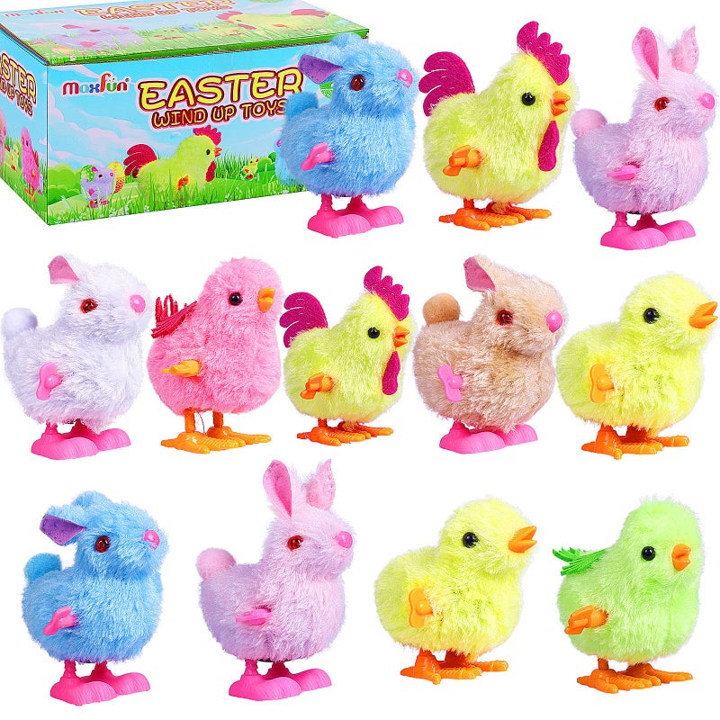 Max Fun 12Pcs Easter Wind Up Toys Easter Basket Stuffers Chicks Bunny Assortments for Easter Party Favors Easter Basket Fillers Easter Egg Hunt Easter Toys for Kids Ages 4-8 - Image 1