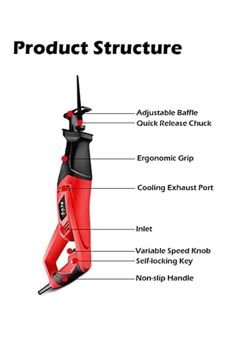 ECVV 1600W Reciprocating Saw Corded Sabre Saw with 2pcs Saw Blades 4/5" Stroke Length 2700RPM Variable Speeds Tool-free Blade Change for Wood & Metal Cutting - Image 2