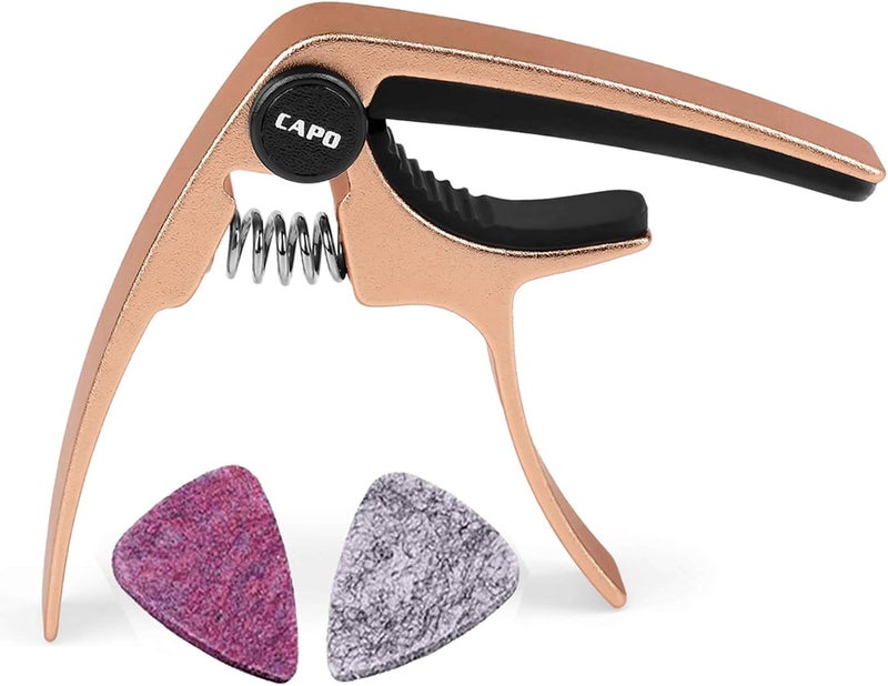 BestSounds Ukulele Capo, with 2 Felt Picks for Soprano and Concert Ukulele – Professional and Lightweight Mini Size Zinc Alloy 4 String Uke Kapo (Gold) - Image 1