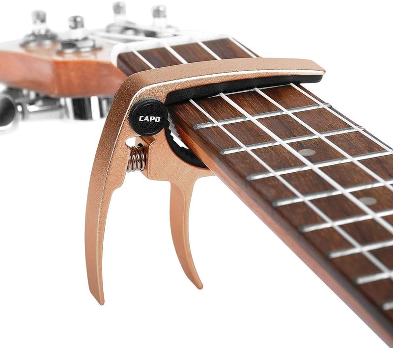 BestSounds Ukulele Capo, with 2 Felt Picks for Soprano and Concert Ukulele – Professional and Lightweight Mini Size Zinc Alloy 4 String Uke Kapo (Gold) - Image 3
