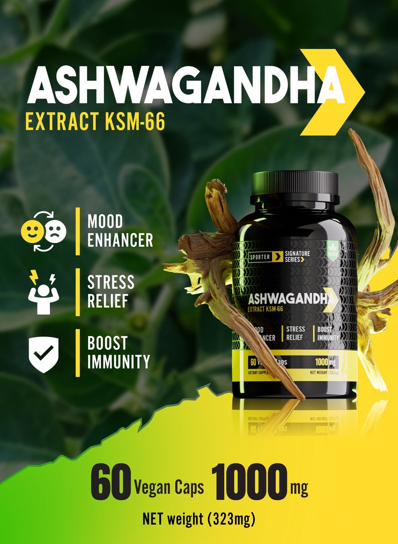 Sporter Ashwagandha KSM-66 – 60 Vegan Capsules | 1000mg High Potency | Stress Relief, Mood & Sleep Support | Boosts Immunity & Energy | Plant-Based Adaptogen Supplement - Image 2