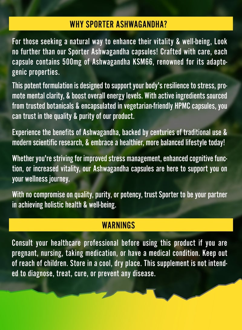 Sporter Ashwagandha KSM-66 – 60 Vegan Capsules | 1000mg High Potency | Stress Relief, Mood & Sleep Support | Boosts Immunity & Energy | Plant-Based Adaptogen Supplement - Image 5