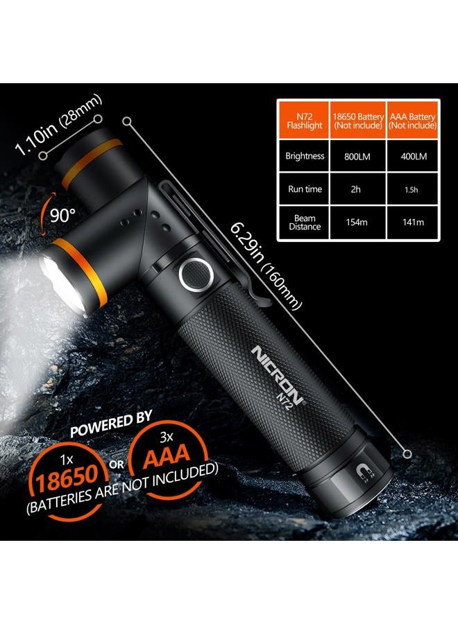 NICRON Flashlight, N72 800 Lumens Tactical Flashlight, 90 Degree Flashlight IPX4 Waterproof Led Flashlight 4 Modes- Best High Lumens are for Camping, Outdoor,Maintain (18650/AAA Not Included) - Image 2