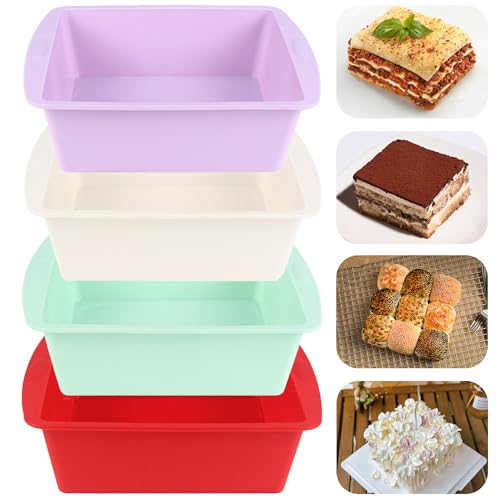 LGQUK 6 inch Square Cake Pans Nonstick Silicone Baking Pan Cake Molds for Brownies Bread Lasagna and Cake 4 Pack for Oven Microwave Freezer and Dishwasher Square4 Colors - Image 1