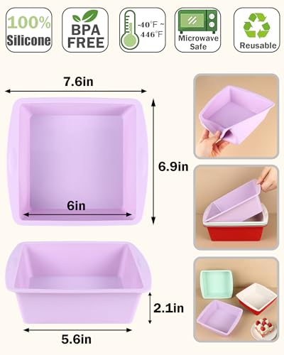 LGQUK 6 inch Square Cake Pans Nonstick Silicone Baking Pan Cake Molds for Brownies Bread Lasagna and Cake 4 Pack for Oven Microwave Freezer and Dishwasher Square4 Colors - Image 3