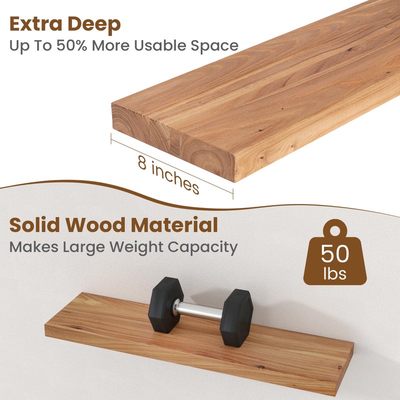 FLYJOE Floating Shelves for Wall Decor, 8" Deep Rustic Solid Elm Wood Floating Shelves Wall Mounted, Wall Shelves with Invisible Bracket for Living Room Bathroom Bedroom Kitchen, 30 Inch Set of 2, Natural - Image 5