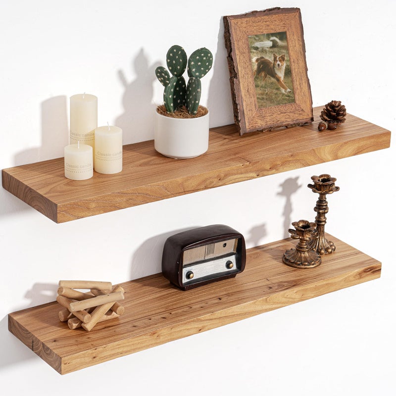 FLYJOE Floating Shelves for Wall Decor, 8" Deep Rustic Solid Elm Wood Floating Shelves Wall Mounted, Wall Shelves with Invisible Bracket for Living Room Bathroom Bedroom Kitchen, 30 Inch Set of 2, Natural - Image 1