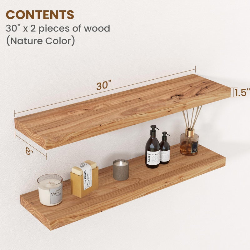 FLYJOE Floating Shelves for Wall Decor, 8" Deep Rustic Solid Elm Wood Floating Shelves Wall Mounted, Wall Shelves with Invisible Bracket for Living Room Bathroom Bedroom Kitchen, 30 Inch Set of 2, Natural - Image 2