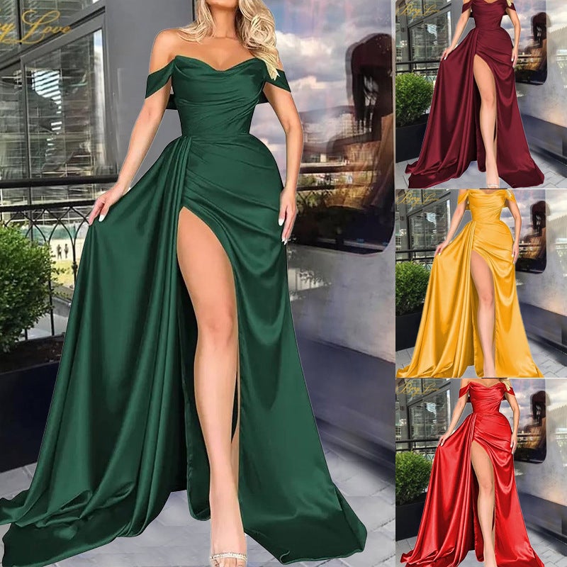 2025 Direct Sales Export Banquet High Slit Host One-Shoulder Slim Party Evening Dress - Image 3