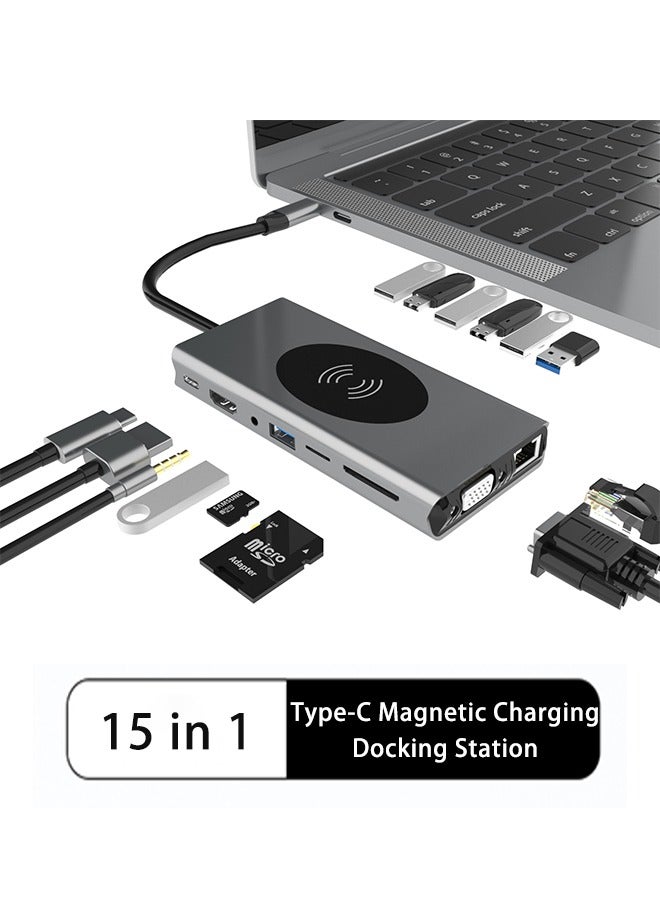 15-in-1 USB C Hub, Wireless Charging, HDMI VGA Port, 1000M Network Interface, PD Fast Charging, USB 3.0, USB 2.0, 3.5mm Audio Port, SD TF Card for PCs, Tablets and Phones