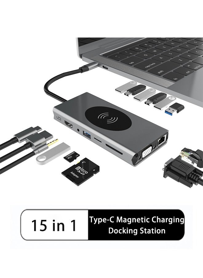 Generic 15-in-1 USB C Hub, Wireless Charging, HDMI VGA Port, 1000M Network Interface, PD Fast Charging, USB 3.0, USB 2.0, 3.5mm Audio Port, SD TF Card for PCs, Tablets and Phones  - Image 1