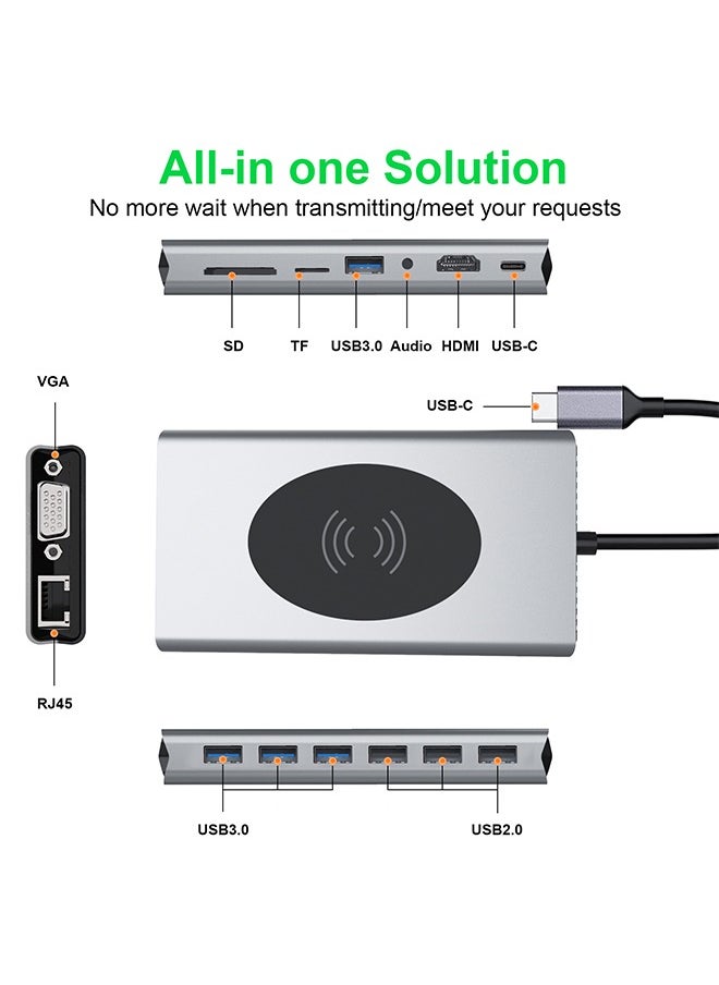 Generic 15-in-1 USB C Hub, Wireless Charging, HDMI VGA Port, 1000M Network Interface, PD Fast Charging, USB 3.0, USB 2.0, 3.5mm Audio Port, SD TF Card for PCs, Tablets and Phones  - Image 2