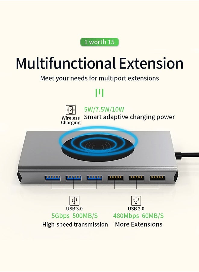 Generic 15-in-1 USB C Hub, Wireless Charging, HDMI VGA Port, 1000M Network Interface, PD Fast Charging, USB 3.0, USB 2.0, 3.5mm Audio Port, SD TF Card for PCs, Tablets and Phones  - Image 4