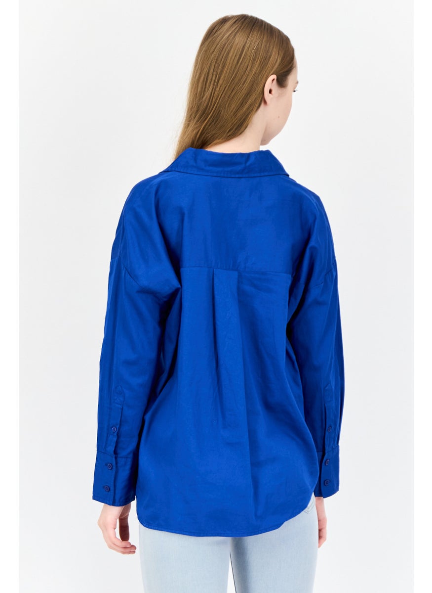 Kathy Ireland Women Spread Collar Long Sleeves Plain Shirt, Royal Blue  - Image 3