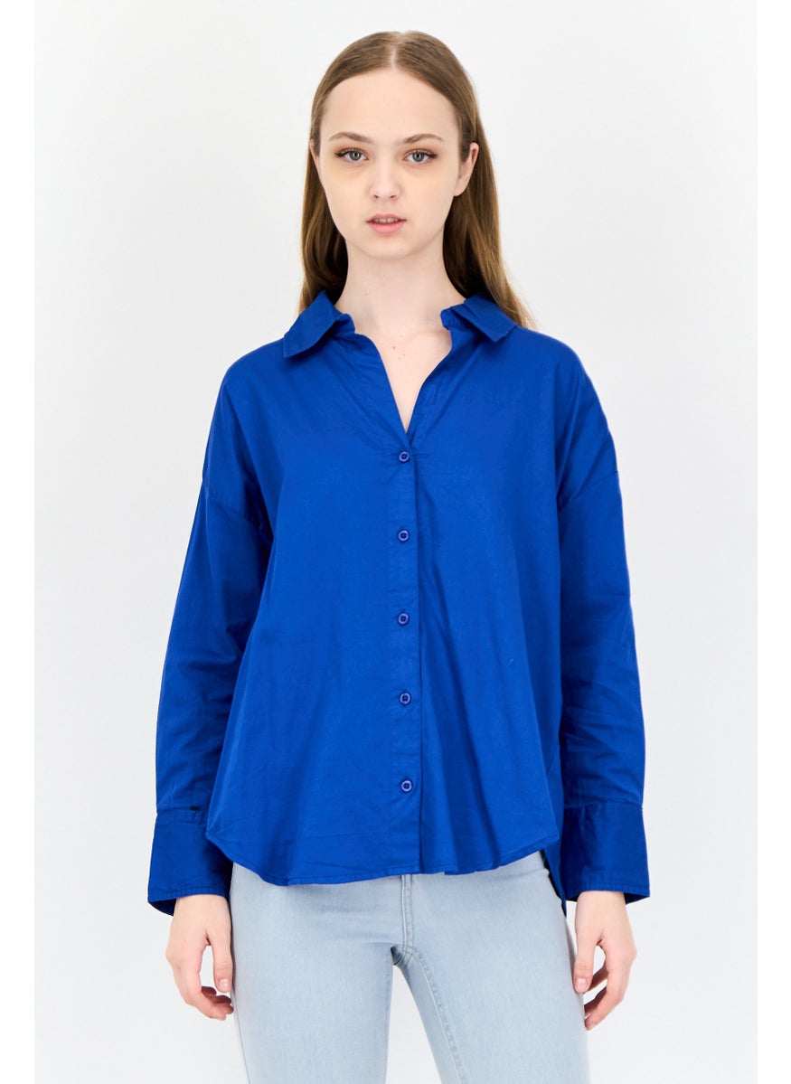 Kathy Ireland Women Spread Collar Long Sleeves Plain Shirt, Royal Blue  - Image 1