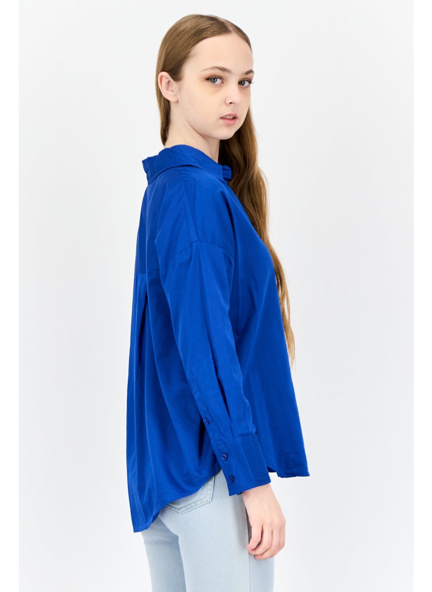 Kathy Ireland Women Spread Collar Long Sleeves Plain Shirt, Royal Blue  - Image 2