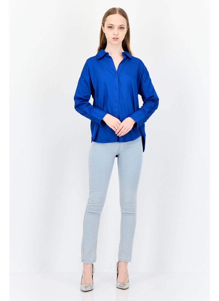 Kathy Ireland Women Spread Collar Long Sleeves Plain Shirt, Royal Blue  - Image 4