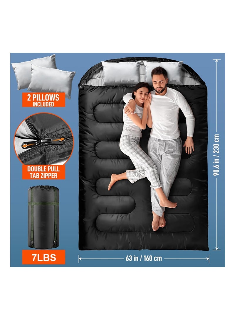 TAPIT Double Sleeping Bag for Adults with Pillows, 2 Person Cold Weather Sleeping Bag with Compression Sack, Queen Size Waterproof Winter Sleeping Bag for Camping Hiking Traveling, 230 * 160cm (3.2KG, Black) - Image 2