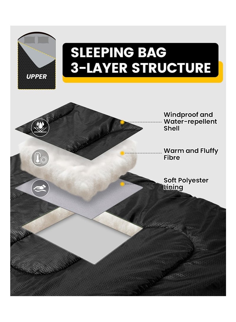 TAPIT Double Sleeping Bag for Adults with Pillows, 2 Person Cold Weather Sleeping Bag with Compression Sack, Queen Size Waterproof Winter Sleeping Bag for Camping Hiking Traveling, 230 * 160cm (3.2KG, Black) - Image 3
