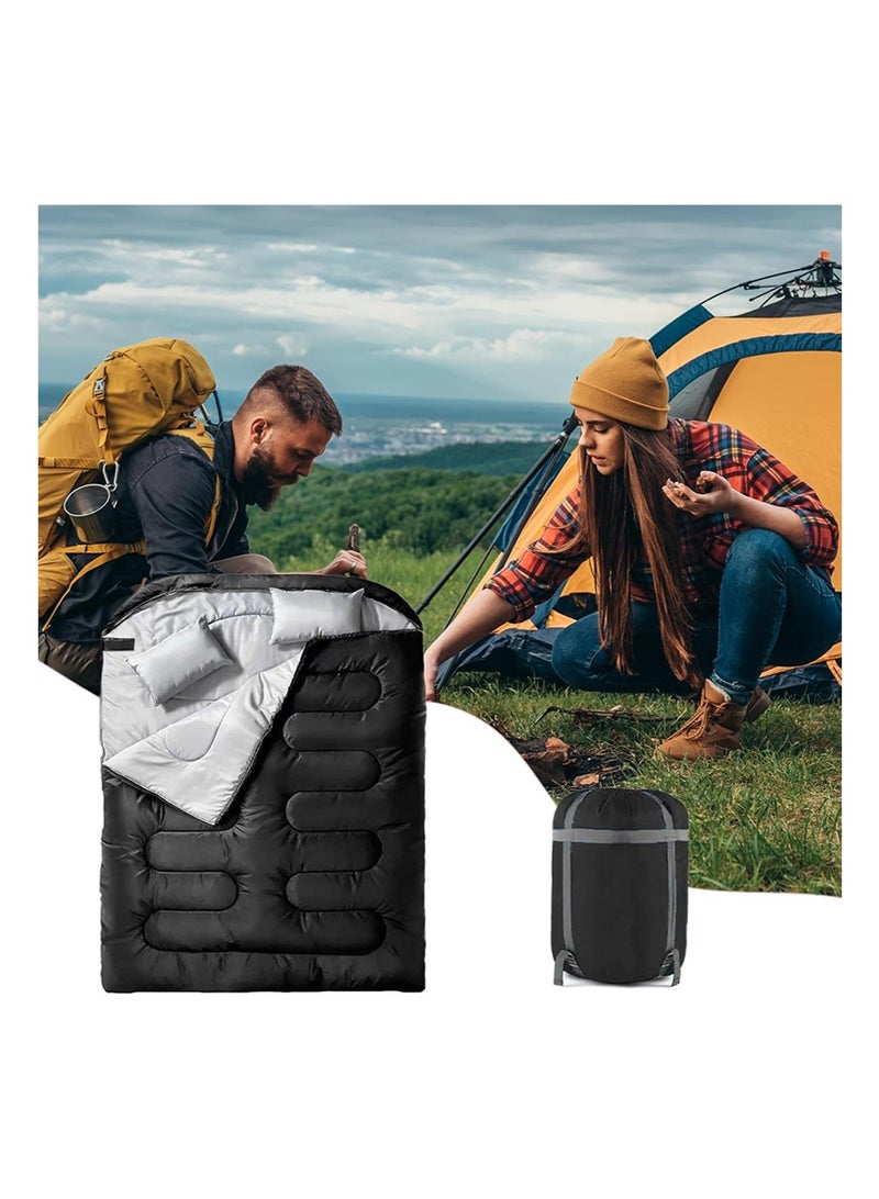 TAPIT Double Sleeping Bag for Adults with Pillows, 2 Person Cold Weather Sleeping Bag with Compression Sack, Queen Size Waterproof Winter Sleeping Bag for Camping Hiking Traveling, 230 * 160cm (3.2KG, Black) - Image 1