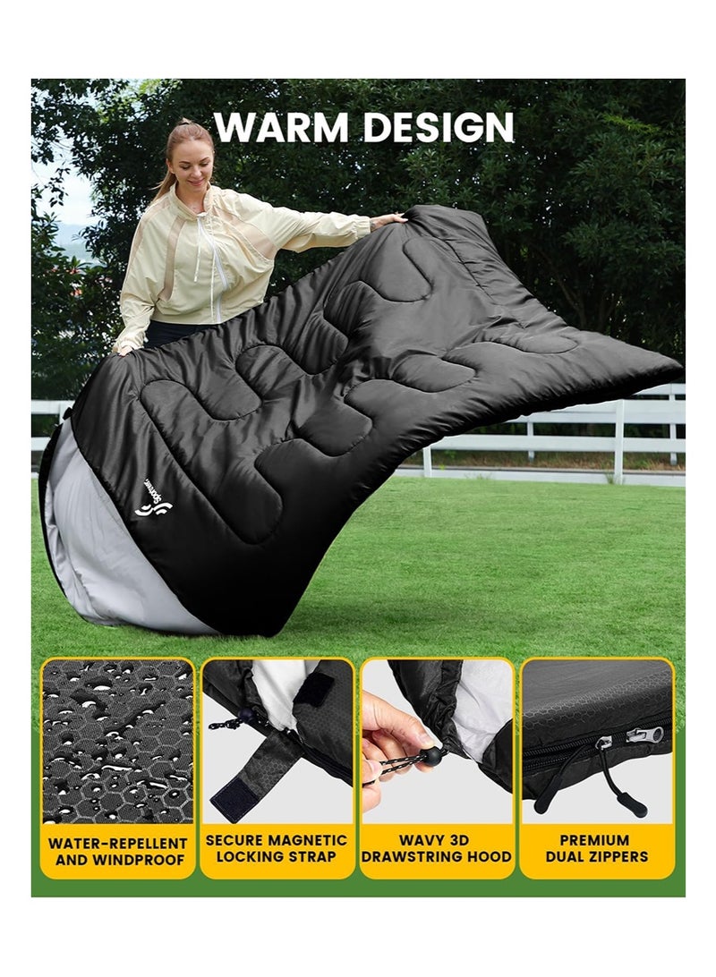 TAPIT Double Sleeping Bag for Adults with Pillows, 2 Person Cold Weather Sleeping Bag with Compression Sack, Queen Size Waterproof Winter Sleeping Bag for Camping Hiking Traveling, 230 * 160cm (3.2KG, Black) - Image 5