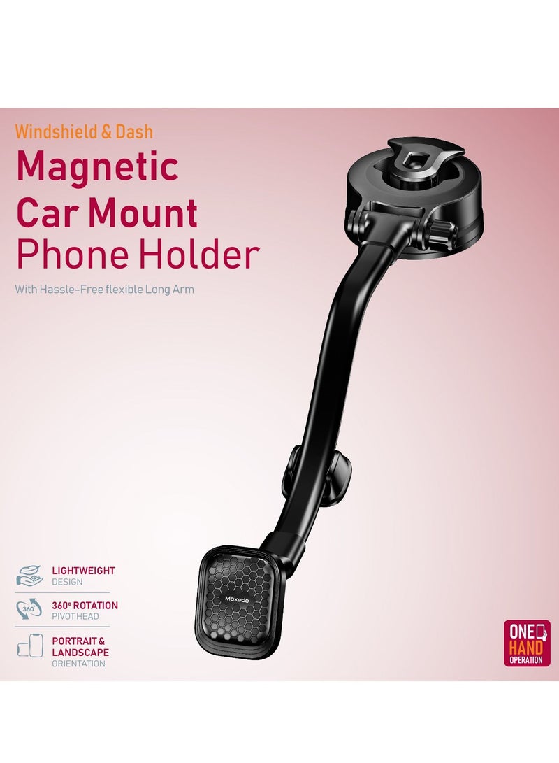 Moxedo Magnetic Car Mount Phone Holder Windshield/Dashboard Flexible Long Arm Gooseneck Strong Suction Base 360 Rotation Compatible For iPhone 13/12/11/XS/X Samsung Galaxy