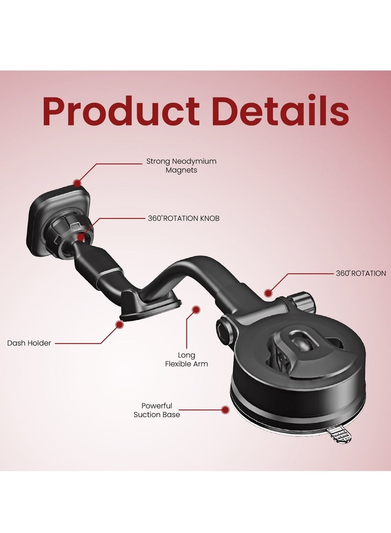 Moxedo Magnetic Car Mount Phone Holder Windshield/Dashboard Flexible Long Arm Gooseneck Strong Suction Base 360 Rotation Compatible For iPhone 13/12/11/XS/X Samsung Galaxy