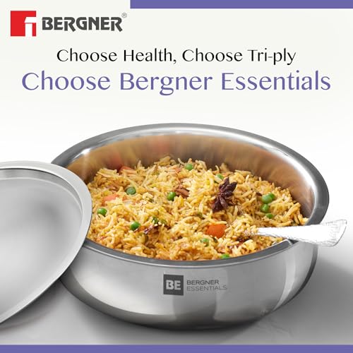 Bergner Tripro BE Essentials 5 Pcs Triply Cookware Set - 24cm Kadai with Lid, 22cm Frypan and 28cm (6.4L) Biryani Handi with Lid, Less Oil Use, Healthy Cooking - Induction and Gas Stove Ready - Image 4
