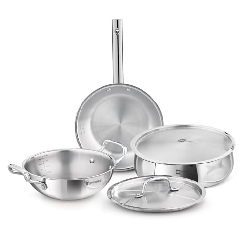 Bergner Tripro BE Essentials 5 Pcs Triply Cookware Set - 24cm Kadai with Lid, 22cm Frypan and 28cm (6.4L) Biryani Handi with Lid, Less Oil Use, Healthy Cooking - Induction and Gas Stove Ready - Image 2