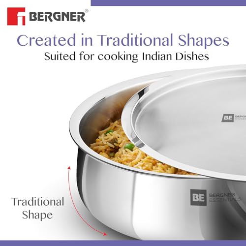 Bergner Tripro BE Essentials 5 Pcs Triply Cookware Set - 24cm Kadai with Lid, 22cm Frypan and 28cm (6.4L) Biryani Handi with Lid, Less Oil Use, Healthy Cooking - Induction and Gas Stove Ready - Image 5