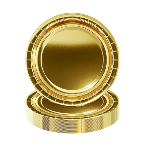 HiEnjoin 50PCS Gold Paper Dessert Plates, 7 Inch Disposable Gold Camping Cake Plates Birthday Party Supplies Graduation Party Plates for Holiday, Picnic, Birthday, Wedding - Image 1