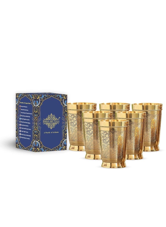 INDIAN ART VILLA Pure Brass Glass Tumbler with Embossed Design, for Drinking Serving Water, Yoga & Ayurveda, Volume-270 ML, Set of 6 - Image 1