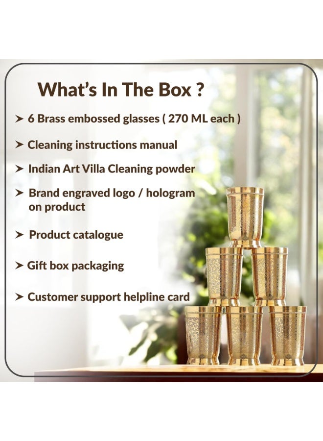 INDIAN ART VILLA Pure Brass Glass Tumbler with Embossed Design, for Drinking Serving Water, Yoga & Ayurveda, Volume-270 ML, Set of 6 - Image 3