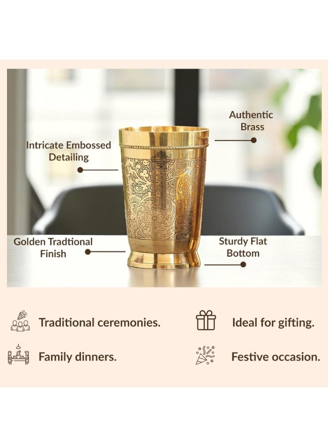 INDIAN ART VILLA Pure Brass Glass Tumbler with Embossed Design, for Drinking Serving Water, Yoga & Ayurveda, Volume-270 ML, Set of 6 - Image 2