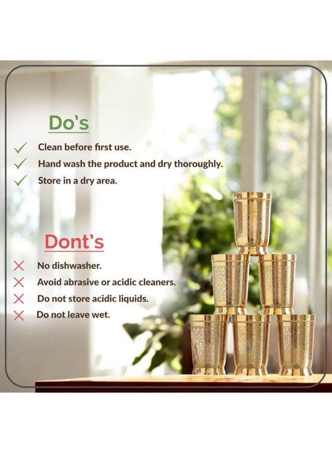 INDIAN ART VILLA Pure Brass Glass Tumbler with Embossed Design, for Drinking Serving Water, Yoga & Ayurveda, Volume-270 ML, Set of 6 - Image 5